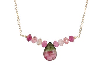 14k Gold Wassermelonen-Turmalin Tropfen Edelstein Bar Halskette*Nadean Designs*Rosa Edelstein* Geschenkidee