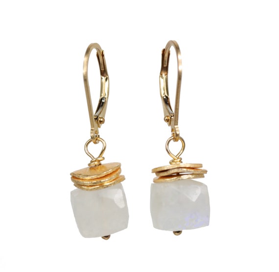 Rainbow Moonstone Faceted Cube Gemstone Gold Earrings