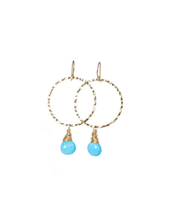 Turquoise Gemstone Front Facing Hoop Earrings*14k Gold Filled