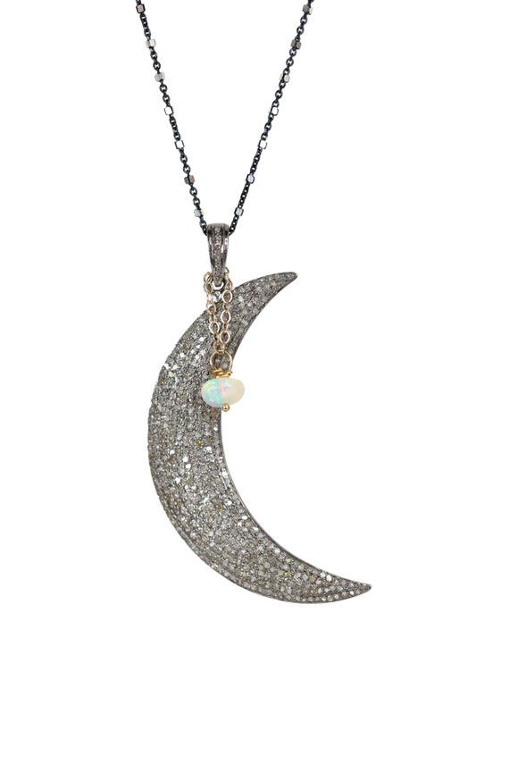 Large Pave Diamond Opal Gemstone Crescent Moon Pendant Necklace