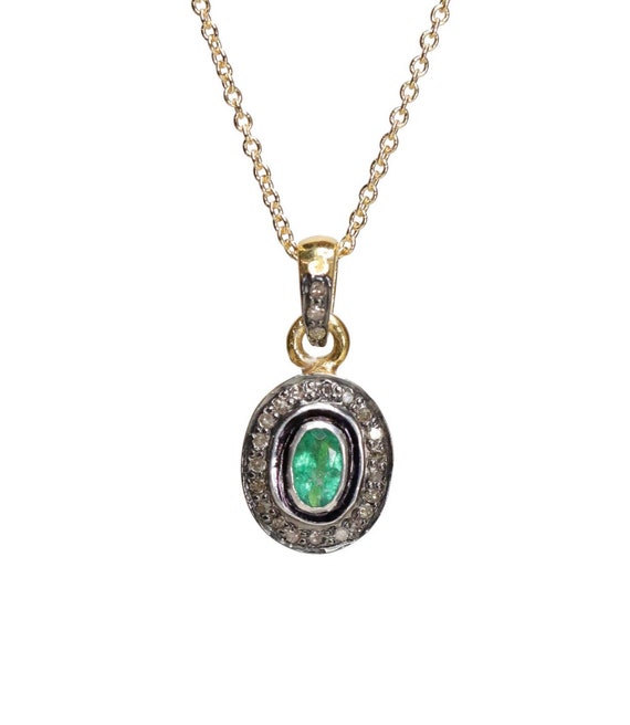 Emerald Gemstone Solitaire Pave Diamond Pendant Necklace