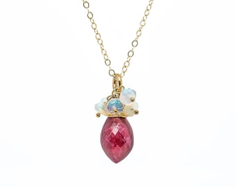 Genuine Gemstone Ruby Opal Cluster Necklace*Marquise Teardrop*Ethiopian Welo Opals*October Birthstone*Women's Jewelry Gift Idea*Christmas