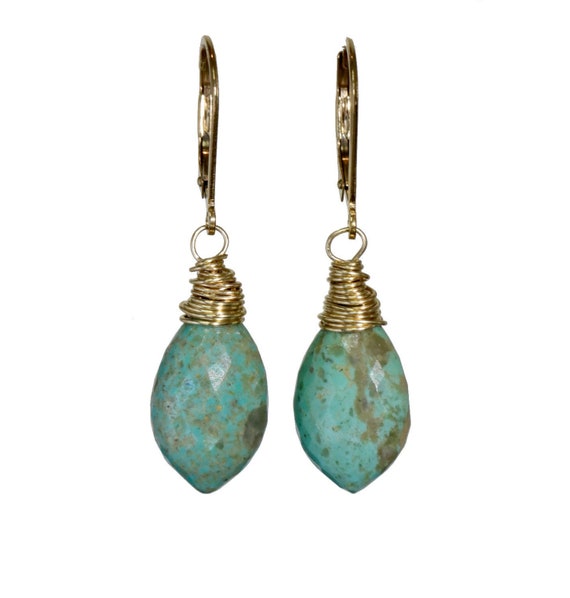 Genuine Kingman Turquoise Gemstone Marquise Drop Earrings