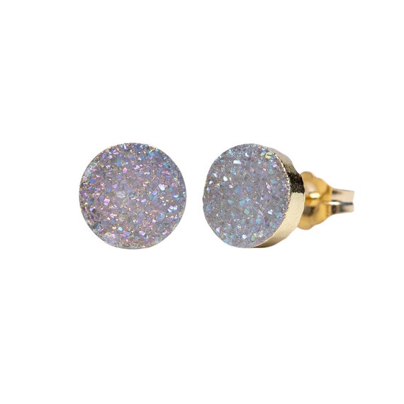 Genuine Druzy Quartz Gemstone Stud Earrings