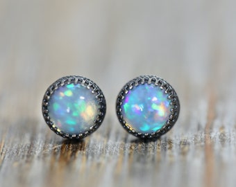 Genuine Opal Gemstone Stud Earrings*9mm Round Stud Earring*Oxidized Sterling Silver 925*Smooth Opal Gemstones*October Birthstone*Unisex