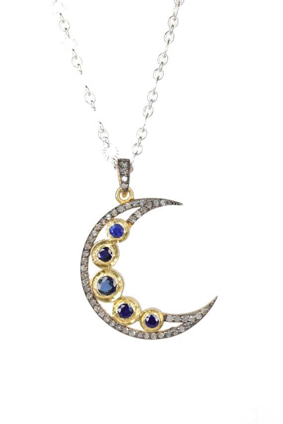 Large Blue Sapphire Pave Diamond Crescent Moon Pendant Necklace
