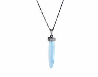 Aqua Gemstone Pave Diamond Spike Pendant Necklace*Oxidized .925 Sterling Silver*Unisex Gift Idea*March Birthstone Gift Idea