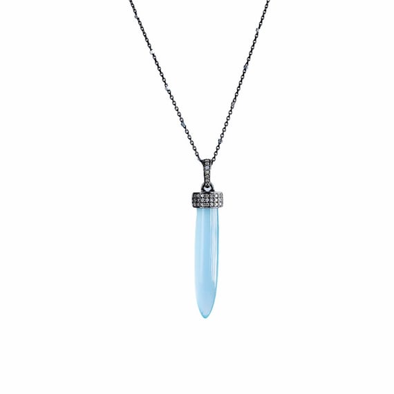 Aqua Chalcedony Gemstone Pave Diamond Spike Pendant Necklace