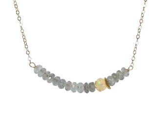 Moss Aquamarine Gemstone Bar Necklace with Ethiopian Welo Opal*Asymmetrical Gold Necklace*Gift Idea*Wedding*Bridal
