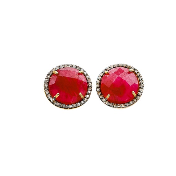 Genuine Pave Diamond Round Gemstone Stud Earrings