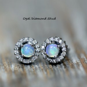 Pave Diamond Gemstone Stud Earrings* Natural Ethiopian Opal or Moonstone Gemstones*9mm Round*October Birthstone*Wedding*Christmas*New Years