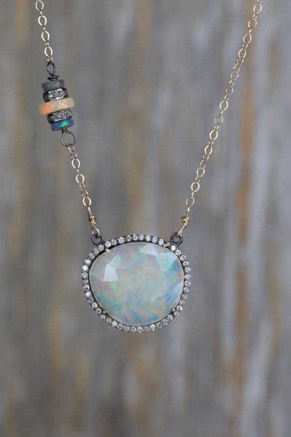 Opal Gemstone Pave Diamond Halo Pendant Necklace