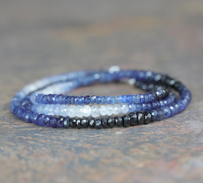 Ombre Blue Gemstone Sapphire Wrap BraceletSterling Silver3 Strand BraceletSeptember Birthstone Birthday Gift IdeaAnniversaryChristmas image 2