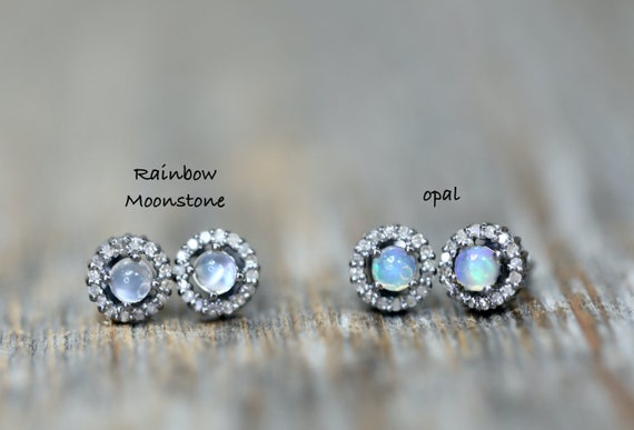 Rainbow Moonstone Diamond Stud Earrings*9mm Round*Diamonds*Gift Idea*Women's Jewelry*Nadean Designs*June Birthstone Birthday