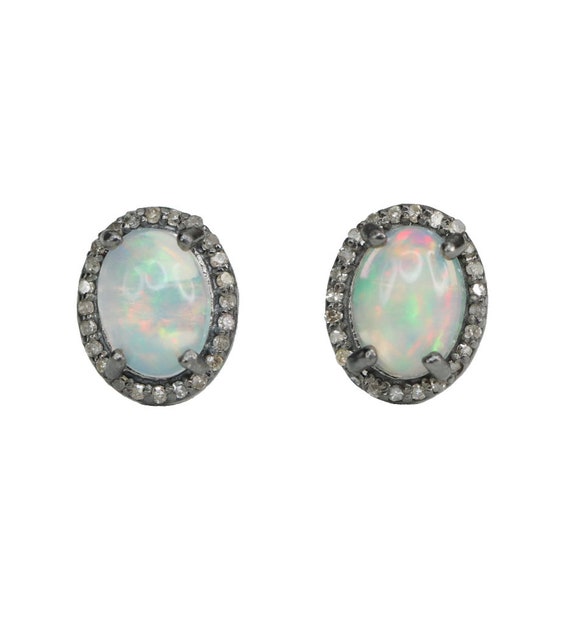 Genuine Opal Pave Diamond Gemstone Stud Earrings