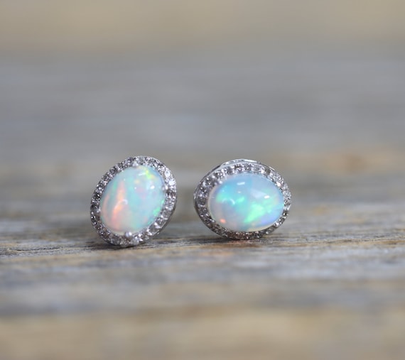 Opal Gemstone Diamond Oval Halo Stud Earrings