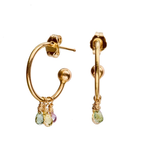 Fine Heirloom Vintage 18k Gold Hoop Earrings- Genuine Multi-Colored Sapphire Gemstone Briolette Drops