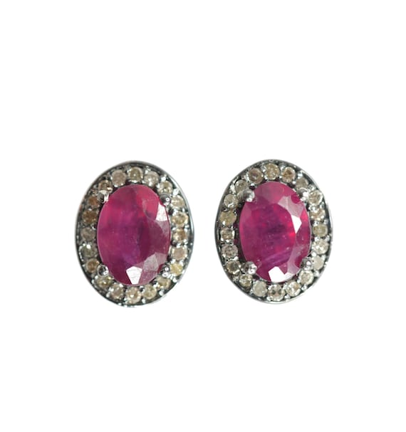 Ruby Diamond Gemstone Oval Stud Earrings