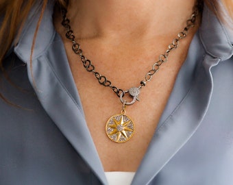 Genuine Diamond Star Medallion Necklace*Mixed Metal*Diamond Clasp*Removable Pendant*Oxidized Sterling Silver*14k Gold Vermeil*Celestial*Date