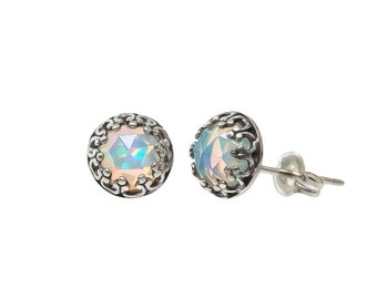 Opal Stud Earrings*6mm*Women's Jewelry Gift Idea*Genuine Rose Cut Ethiopian Opal Gemstones*October Birthstone*Light Oxidized Bezel Set