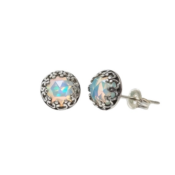 Opal Stud Earring 6mm*Lightly Oxidized Sterling Silver Bezel Set Earring*Women's Jewelry Gift Idea*Genuine Rose Cut Ethiopian Opal Gemstones