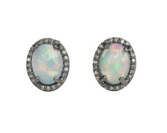 Opal Pave Diamond Gemstone Stud Earrings *October Birthstone Birthday Gift Idea*Women's Jewelry*Genuine Natural Ethiopian Opals*Bridal*Date