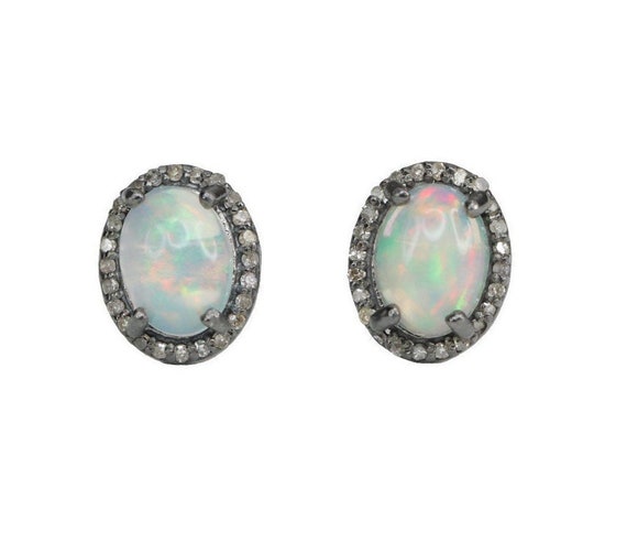 Opal Pave Diamond Gemstone Stud Earrings