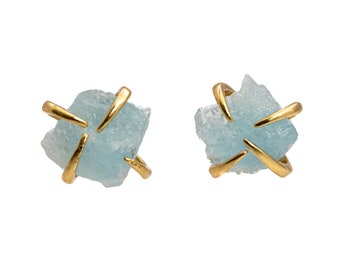 Raw Aquamarine Prong Stud Earrings*Gold*March Birthstone*Gift For Her*Simple Modern Elegant Boho Earthy*Healing Crystal*Christmas*Holiday