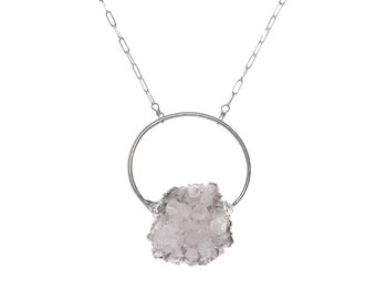 White Druzy Gemstone Pendant Necklace*Large*Sterling Silver*Nadean Designs*Unisex Jewelry Gift Idea*