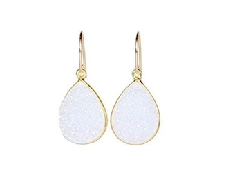 Large White Druzy Teardrop Earrings*Genuine Druzy Gemstone*14k Gold Filled*Gift Idea for Her Women's Jewelry*Bridal Earrings*Nadean Designs