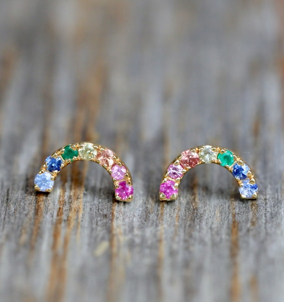 Rainbow Sapphire Gemstone Stud Earrings