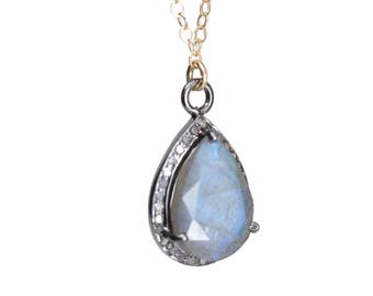 Labradorite Gemstone Teardrop Pave Diamond Halo Pendant Necklace*Sterling Silver*Mixed Metal*Gift Idea*Anniversary*Christmas*Date