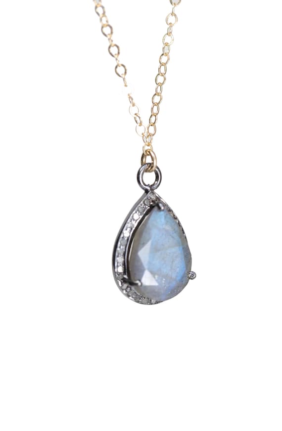 Labradorite Gemstone Teardrop Pave Diamond Halo Pendant Necklace*Sterling Silver*Mixed Metal*Gift Idea*Anniversary*Christmas*Date