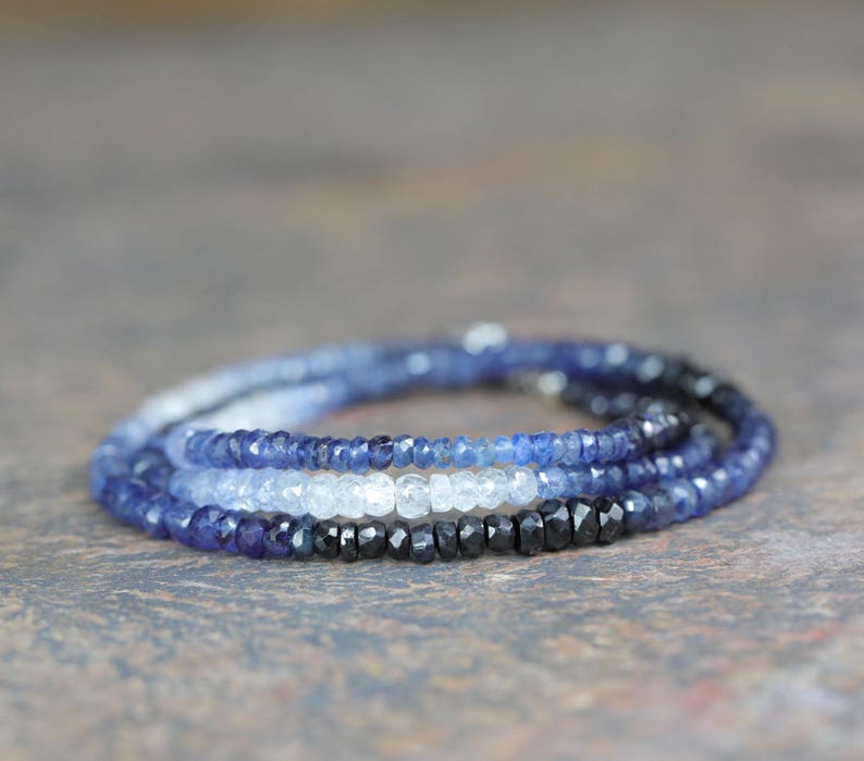 Ombre Blue Gemstone Sapphire Wrap BraceletSterling Silver3 Strand BraceletSeptember Birthstone Birthday Gift IdeaAnniversaryChristmas image 5