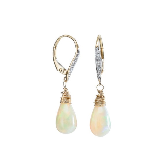 Genuine Opal Teardrop Pave Diamond Solid 14k Gold Earrings