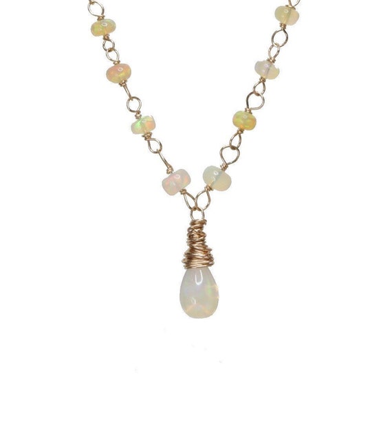 White Opal Gemstone Teardrop Gold Necklace