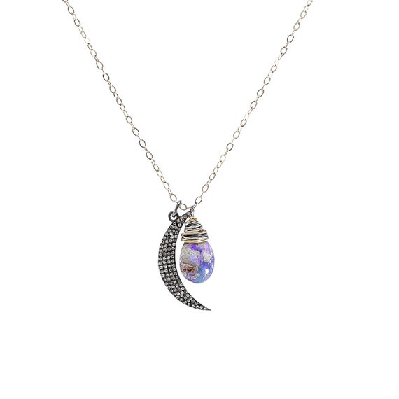 Australian Opal Pave Diamond Gemstone Crescent Moon Pendant Necklace