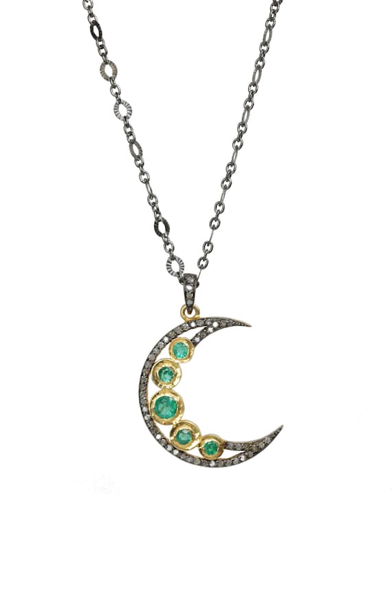 Emerald Pave Diamond Crescent Moon Necklace