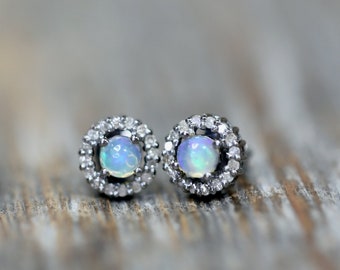 Opal Diamond Gemstone Stud Earrings*Genuine*Pave Diamond* Round* Opal Gemstones*Holiday Christmas Stocking Stuffer Gift Idea* Nadean Designs