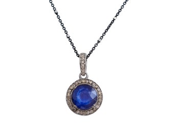 Echter Blauer Saphir Diamant Edelstein Runde Anhänger Halskette* September Geburtstag Geburtsstein Geschenkidee* 925 0xidisiertes Sterlingsilber*