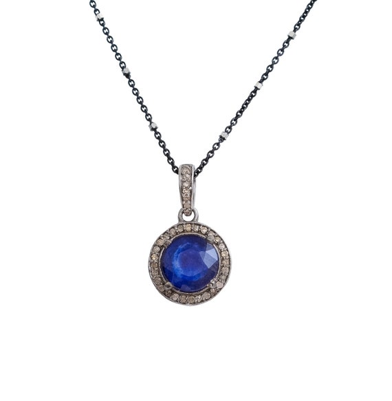 Genuine Blue Sapphire Diamond Gemstone Round Pendant Necklace* September Birthday Birthstone Gift Idea* 925 0xidized sterling silver*