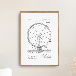 Riesenrad Patentdruck, 1907 - Vintage Vergnügungsfahrt Blueprint - Messegelände Plakat - Karneval Fahrt Wandkunst für Dekor