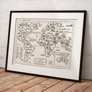Alte lehrreiche und bildliche Landkarte mit den Tieren der Welt aus einem alten Schulatlas