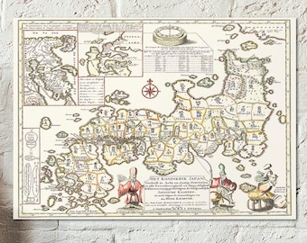 Old map of Japan from 1725, Japanese map from the Dutch edition of Kaempfer's History of Japan - Antique Style repro Wall Hanging art Decor