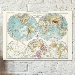Carte du monde à double hémisphère - ancienne carte du monde, avec encarts de l'Arctique et de l'Antarctique