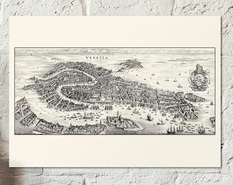 Old map of Venice from 1650 - Birdview of venice by M. Merian. Antique Style Bride of the Sea. Birdeye view - Vintage Venice map