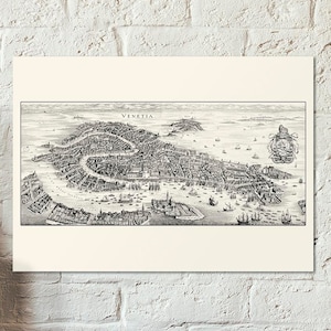 Alter Stadtplan von Venedig von 1650 - Vogelansicht von Venedig von M. Merian. Antike Stil Braut des Meeres. Vogelblick - Vintage Venedig Karte