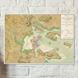 Boston e seus arredores, com as linhas, baterias e acampamentos dos exércitos britânico e americano. Mapa da Revolução Americana Antiga de 1776