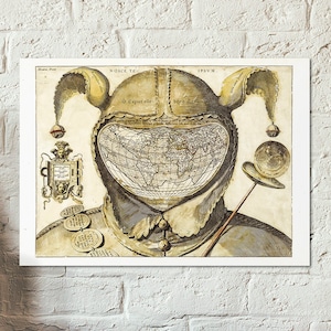 Fool's Cap Weltkarte - alte Weltkarte aus dem späten 1500 - Mittelalterlichen Weltkarte - Vintage - Antike Landkarte