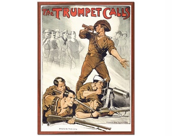 Australian Army propaganda recruitment poster from World War I - The trumpet calls - Vintage war propaganda art WWI